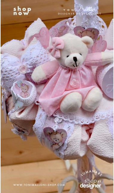 Lumanare de botez cu ursuleti roz, dantela roz si pattern floral cu trandafiri Teddy Bear Pink 7